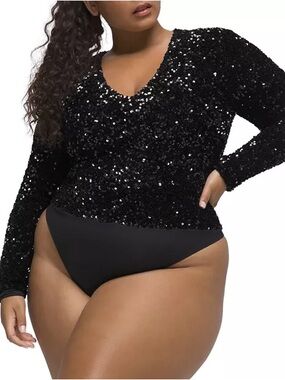 Good American Black Sequin Thong Bodysuit 6(3X) Shoulder Pads Sparkly Plus Size
